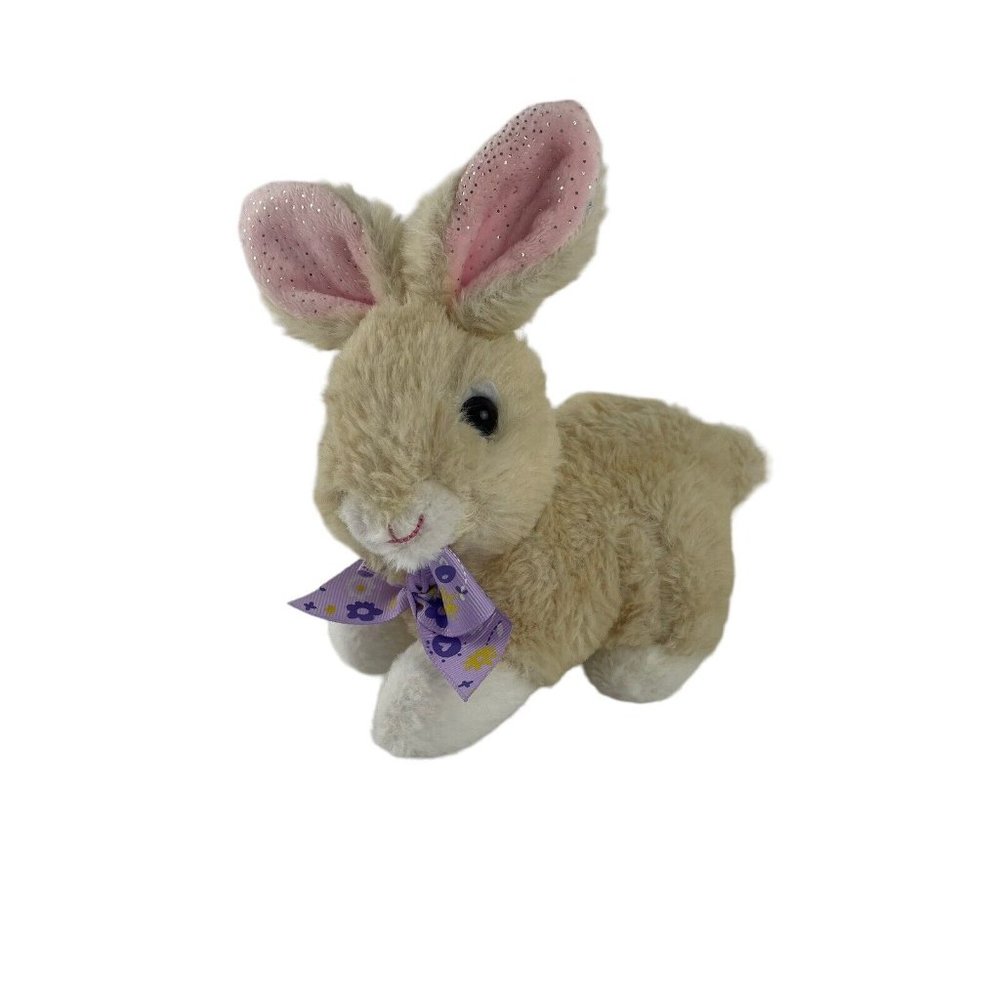 Hug Fun‎ Cream Bunny Rabbit Plush 7" Purple Floral Bow Pink Glitter Ears Easter